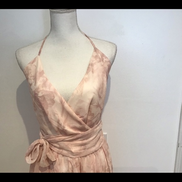 CEREMONY JOANNA AUGUST BOHO HALTER WRAP MUTED PINK FLORAL CHIFFON MAXI DRESS SM - Picture 3 of 11